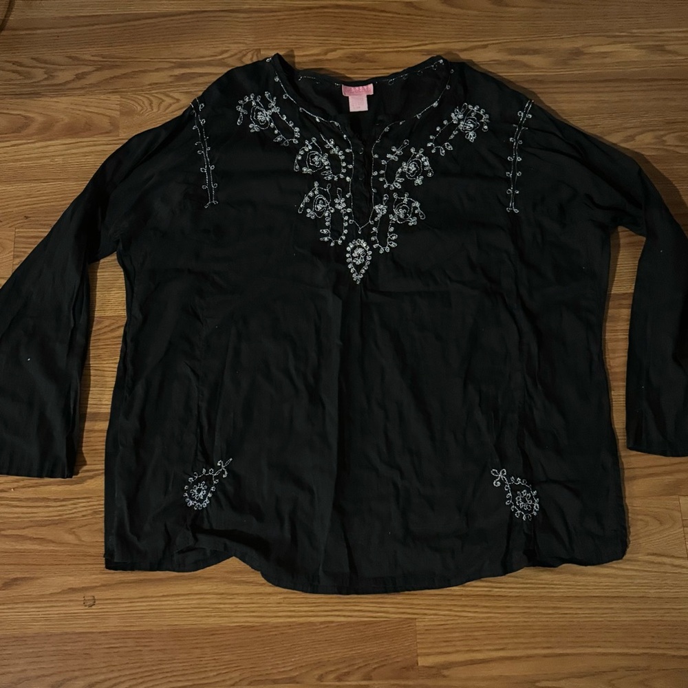She's Cool Black Embellished Embroidered 3/4 Sleeve Blouse Size 3x Vintage Y2k